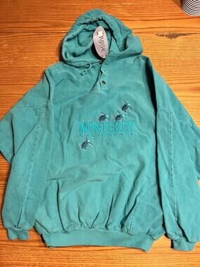 San Segal Hoodie Adult Large Green Vintage NOS Sweatshirt, Monterey CA Turtles